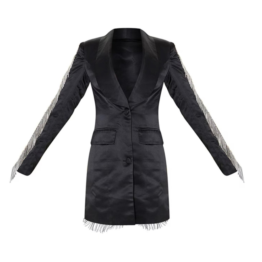 Pretty Little Thing Black Satin Oversized Diamante Trim Blazer Dress